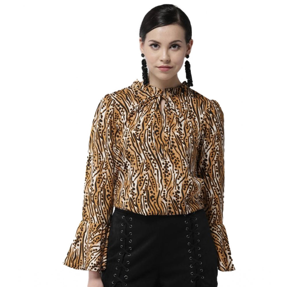 Generic Women's Polyester Printed Bell Sleeve Top (Orange - Black)