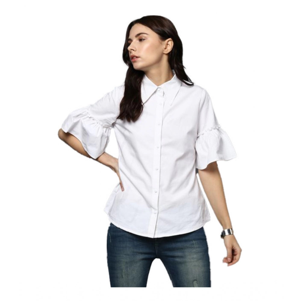 Generic Women's Cotton Solid Bell Sleeve Top (White) Main image