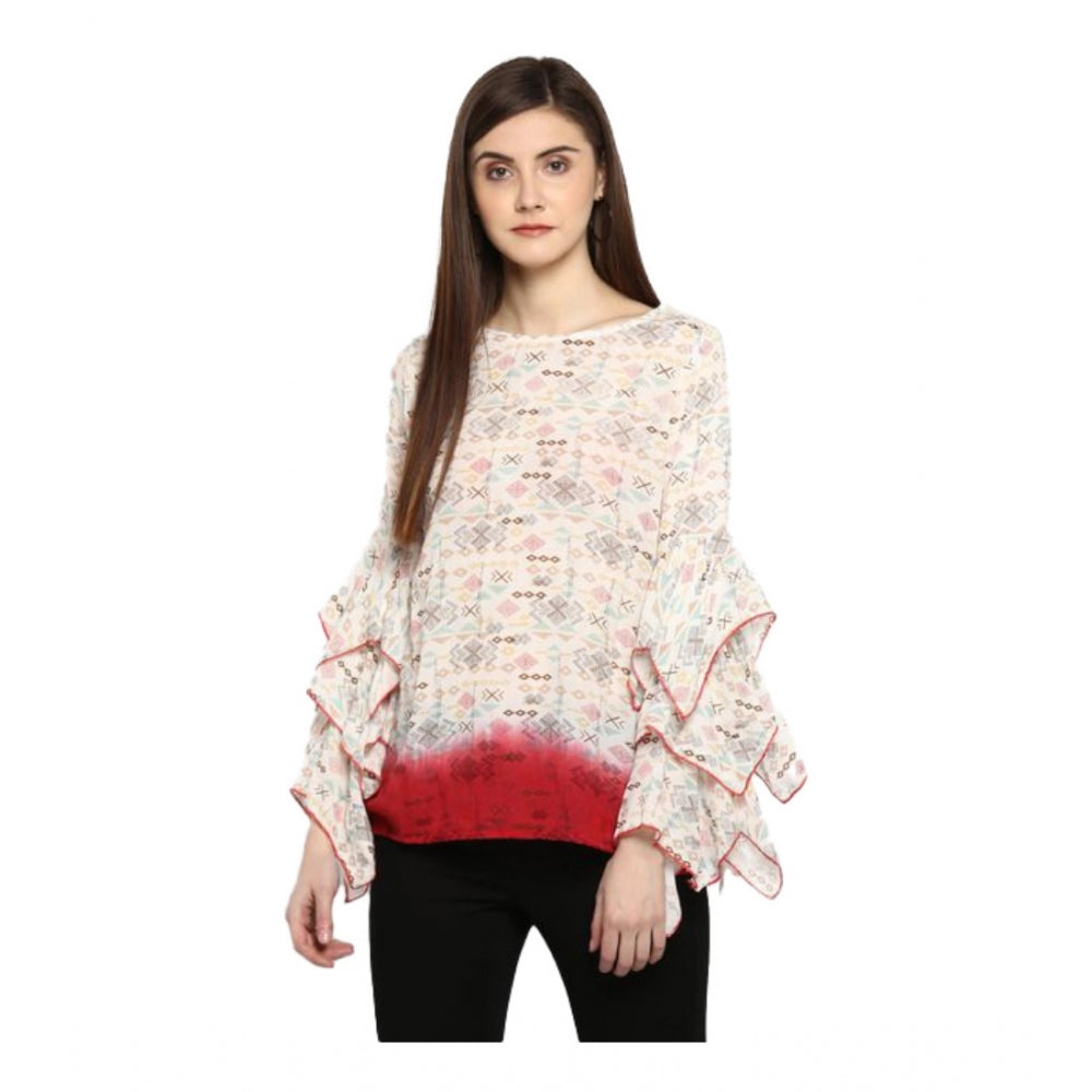 Generic Women's Rayon Crepe Printed Ruffle Sleeve Top (Off White - Red) Main image