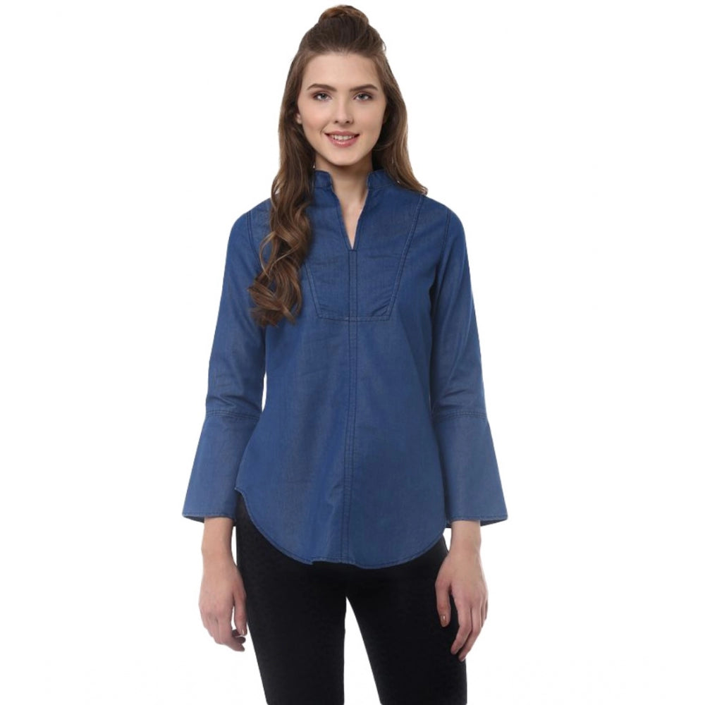 Generic Women's Denim Solid Bell Sleeve Regular Top (Blue Denim) Main image