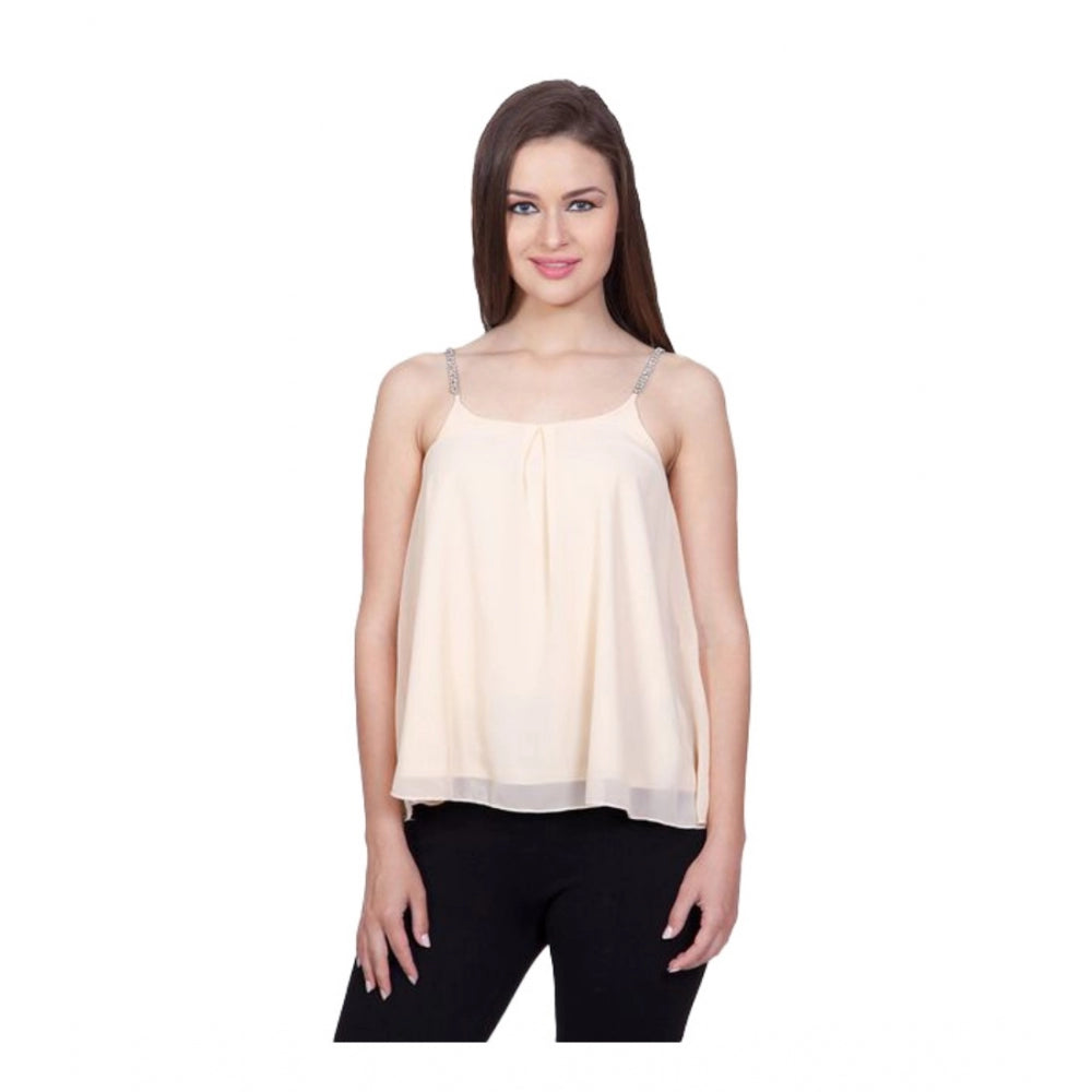 Generic Women's Polyester Solid Shoulder Straps Regular Top (Beige) Main image