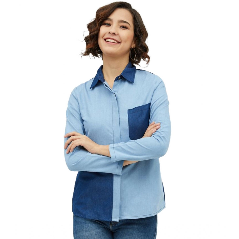 Generic Women's Denim Patch Work Long Sleeves Standard Length Shirt (Blue) Main image