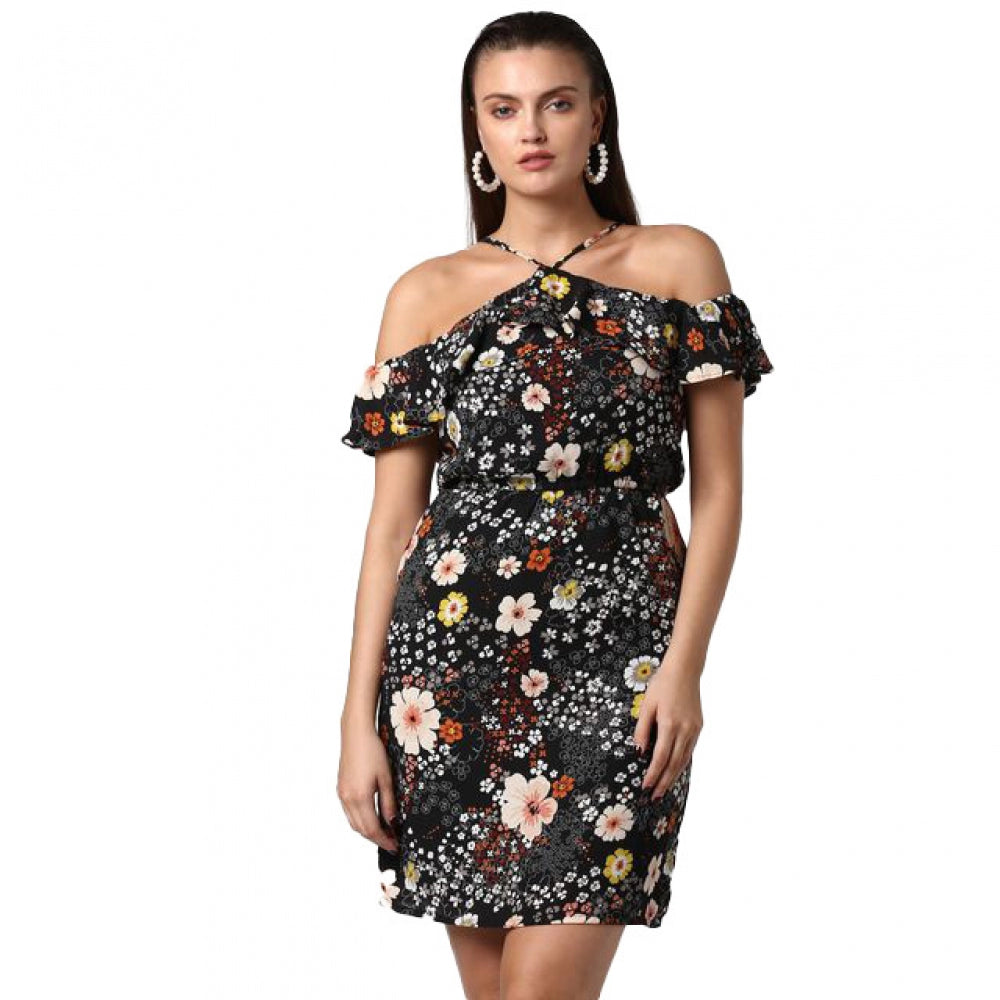 Generic Women's Polyester Floral Cold Shoulder Above Knee Dress (Black) Main image
