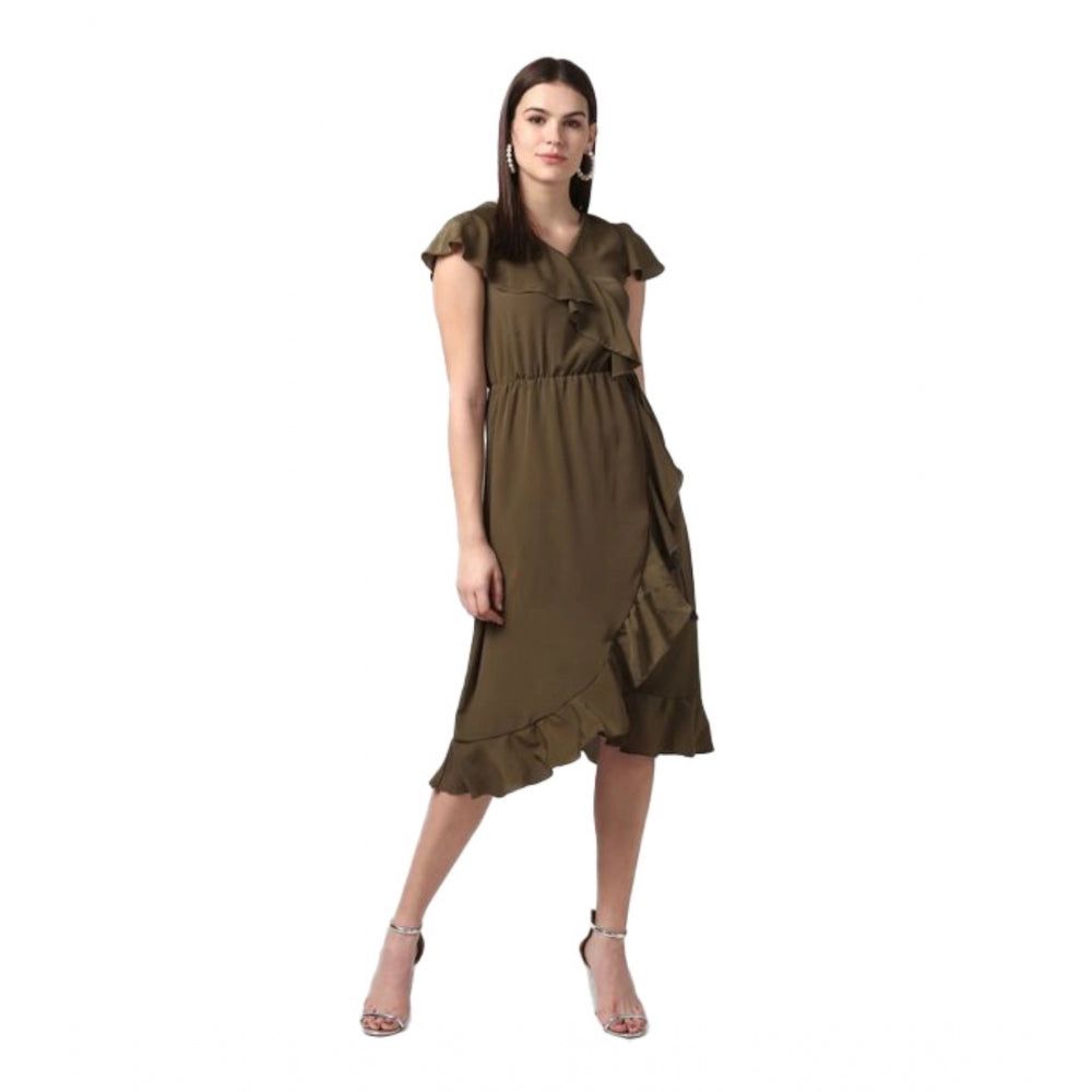 Generic Women's Polyester Ruffled Cap Sleeve Knee-Length Dress (Olive) Main image