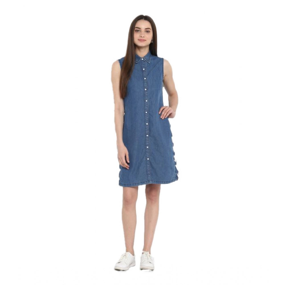 Generic Women's Denim Solid Sleeveless Above Knee Dress (Blue) Main image