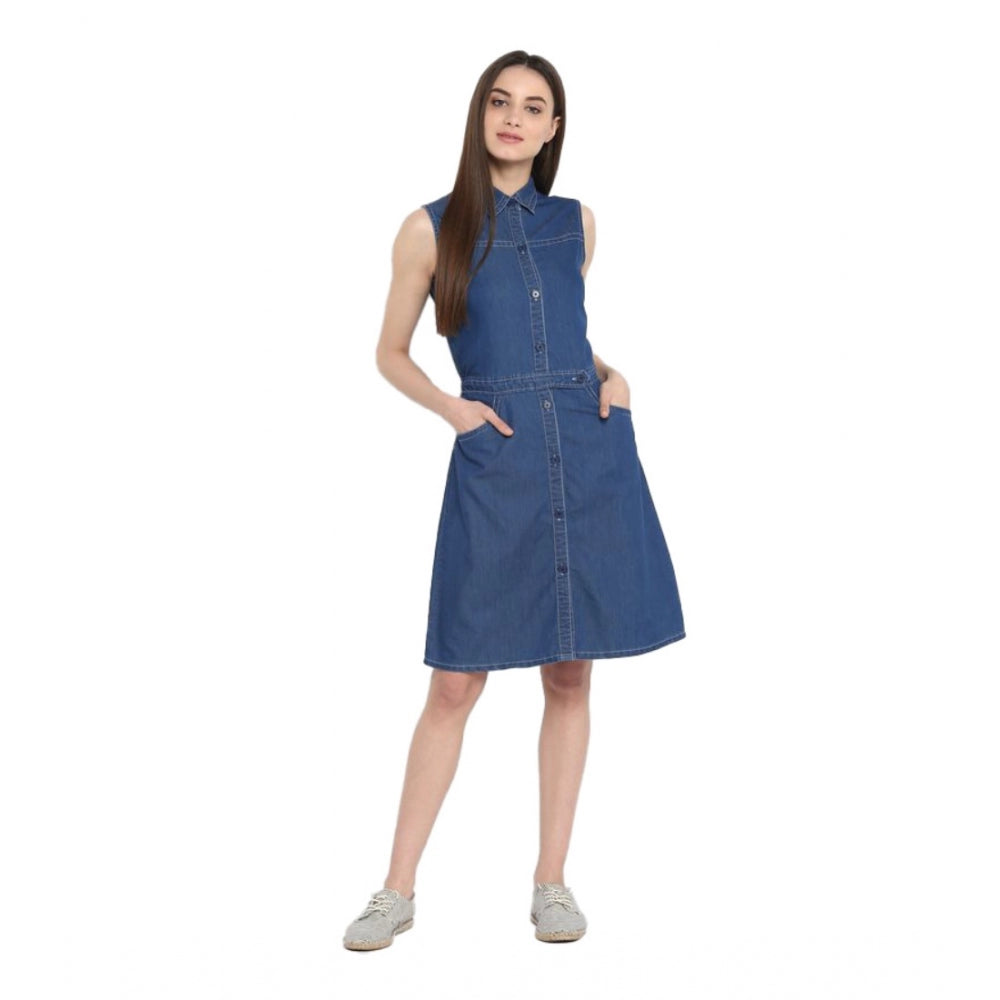 Generic Women's Denim Solid Sleeveless Above Knee Dress (Blue) Main image