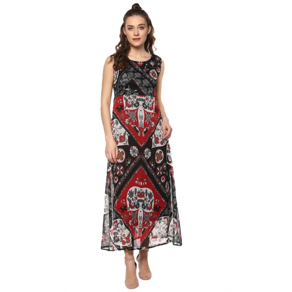 Generic Women's Polyester Printed Sleeveless Dress (Red - Black) Main image