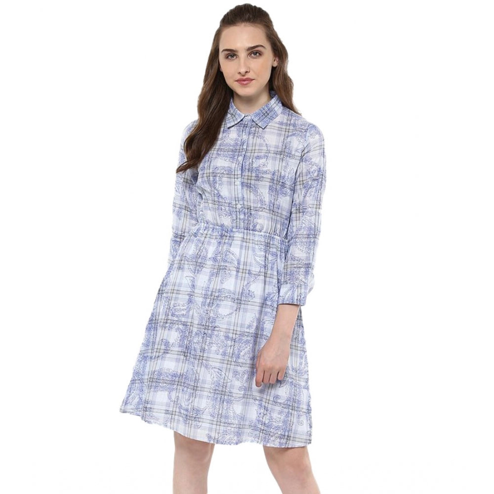 Generic Women's Cotton Checkered Roll Up Sleeve Above Knee Dress (Blue) Main image