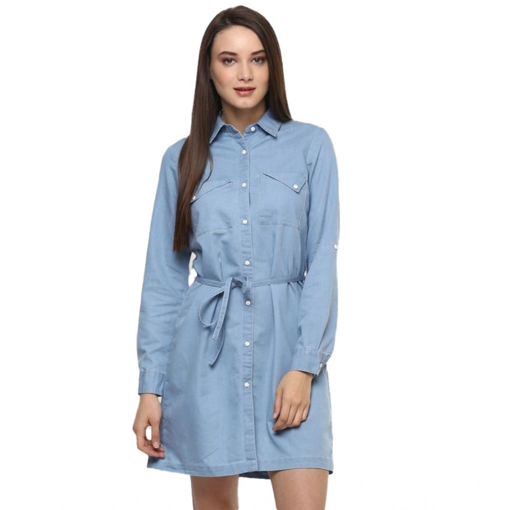 Generic Women's Denim Solid Long Sleeves Above Knee Dress (Blue) Main image