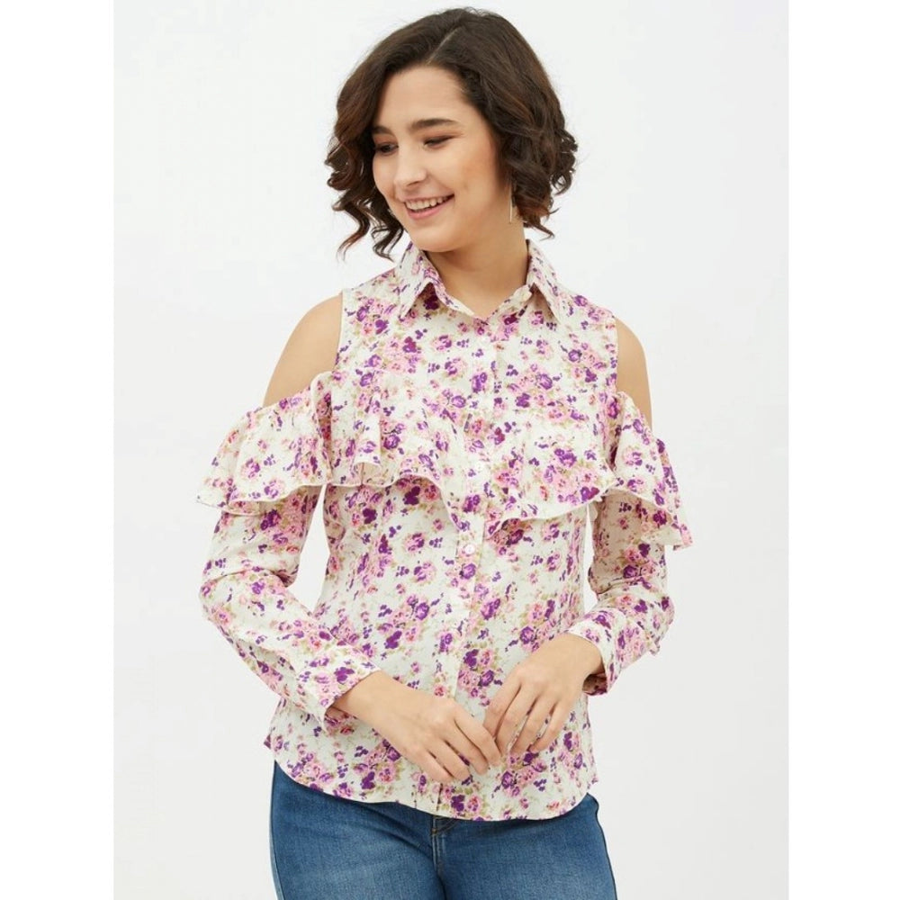 Generic Women's Polyester Floral Cold Shoulder Standard Length Shirt (White) Main image