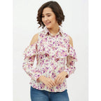 Generic Women's Polyester Floral Cold Shoulder Standard Length Shirt (White)