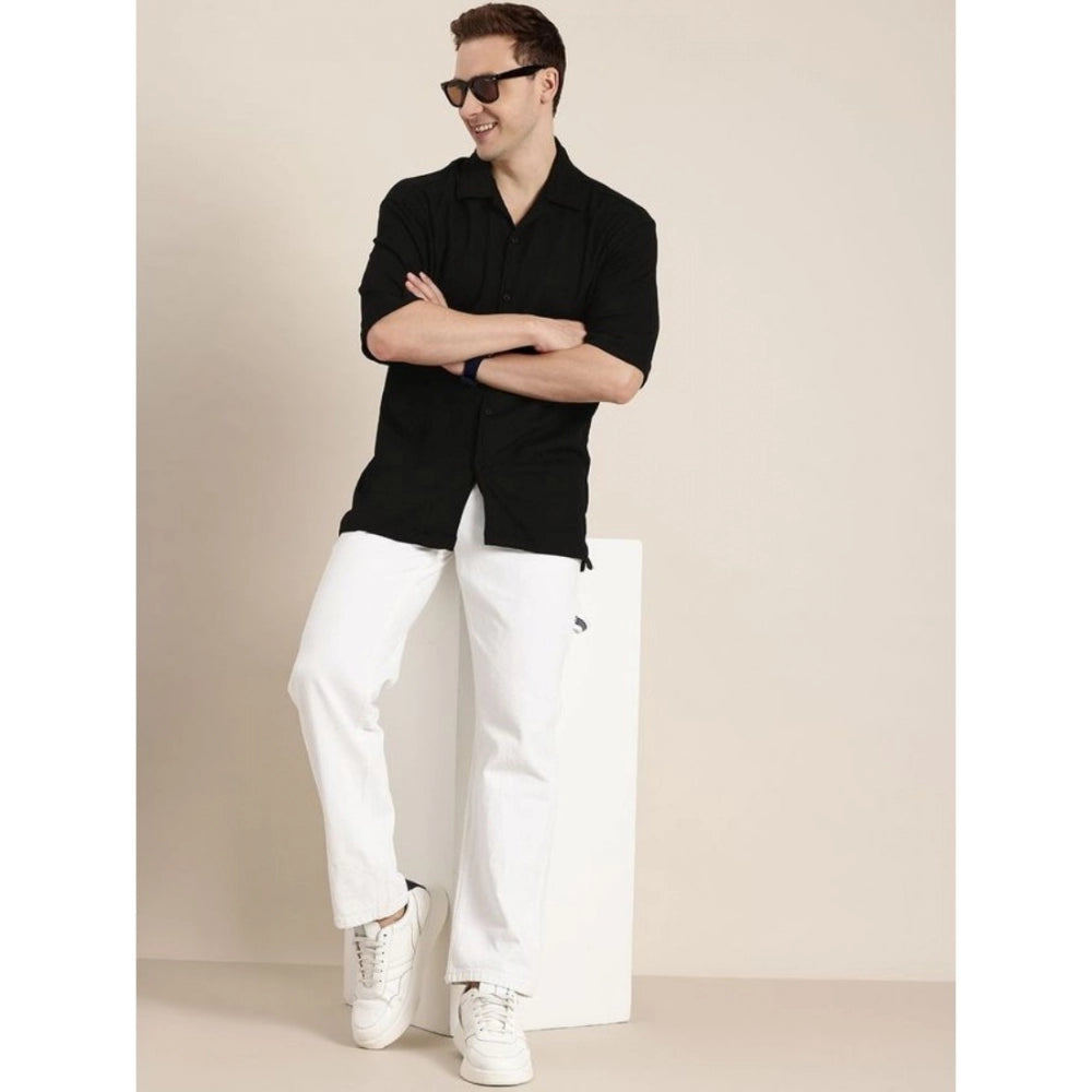 Generic Men's Cotton Blend Solid Half-Sleeve Regular Shirt (Black) Secondary image