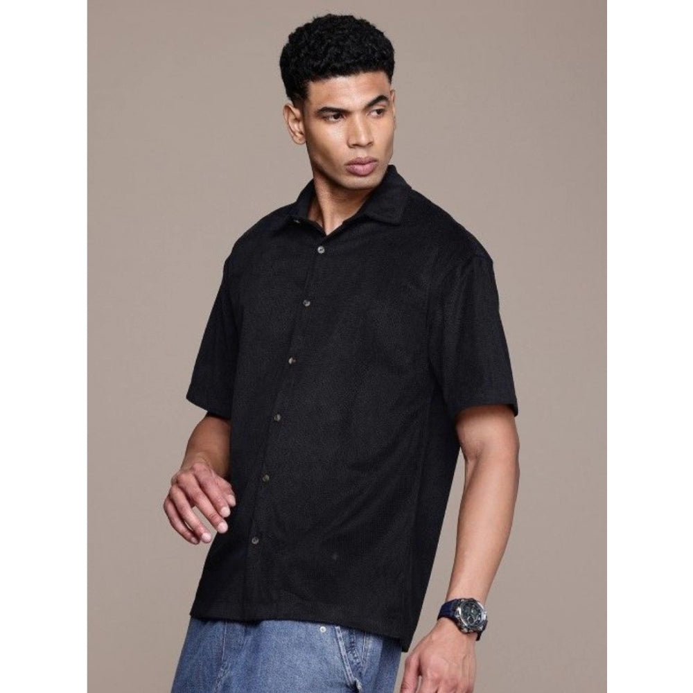 Generic Men's Cotton Blend Solid Half-Sleeve Regular Shirt (Black) Secondary image