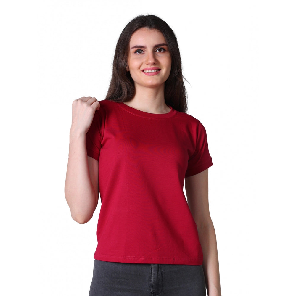 Generic Women's Cotton Blended Solid Round Neck Half Sleeve T-Shirt (Maroon) Main image