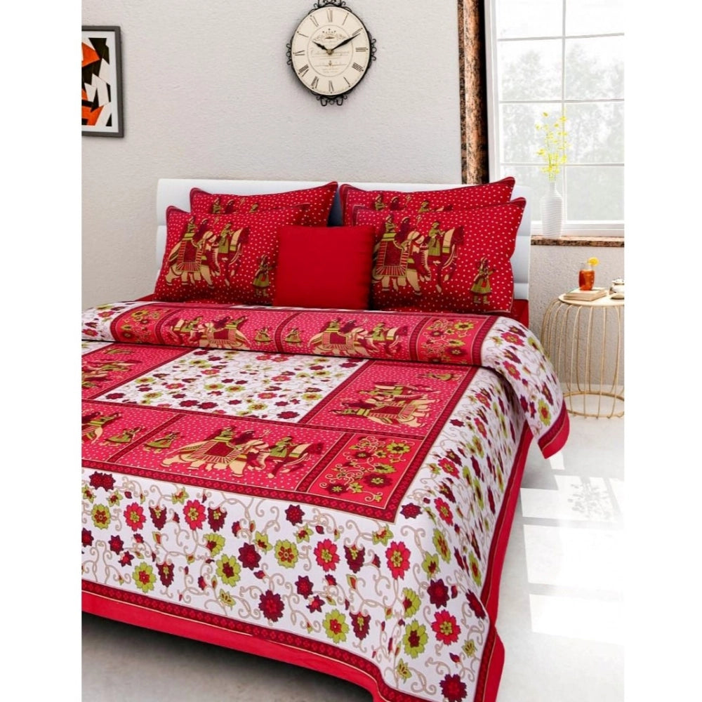 Generic Cotton Printed Queen Size Bedsheet With 2 Pillow Covers (Red, 90x100 Inch) Main image