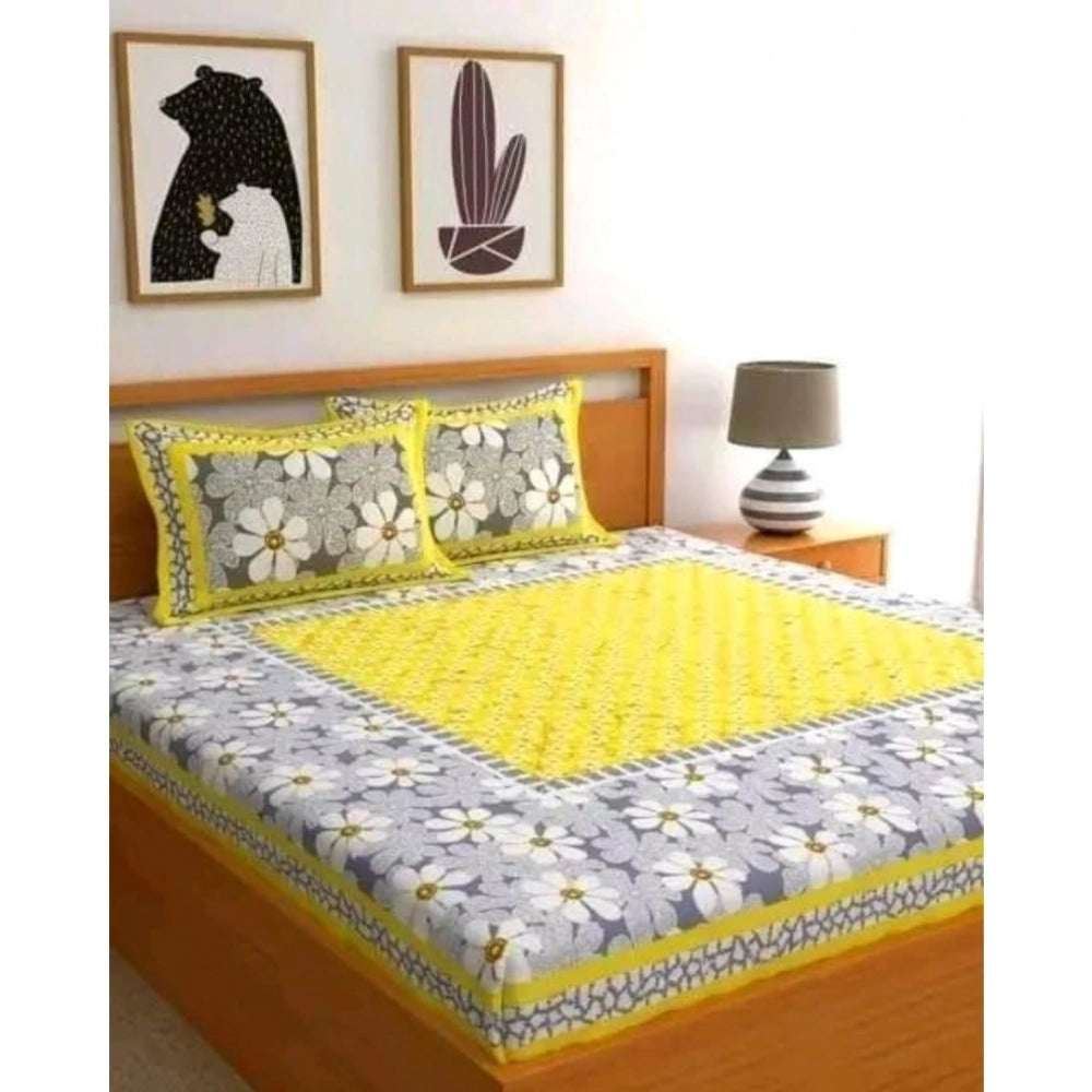 Generic Cotton Printed Queen Size Bedsheet With 2 Pillow Covers (Yellow, 90x100 Inch) Main image