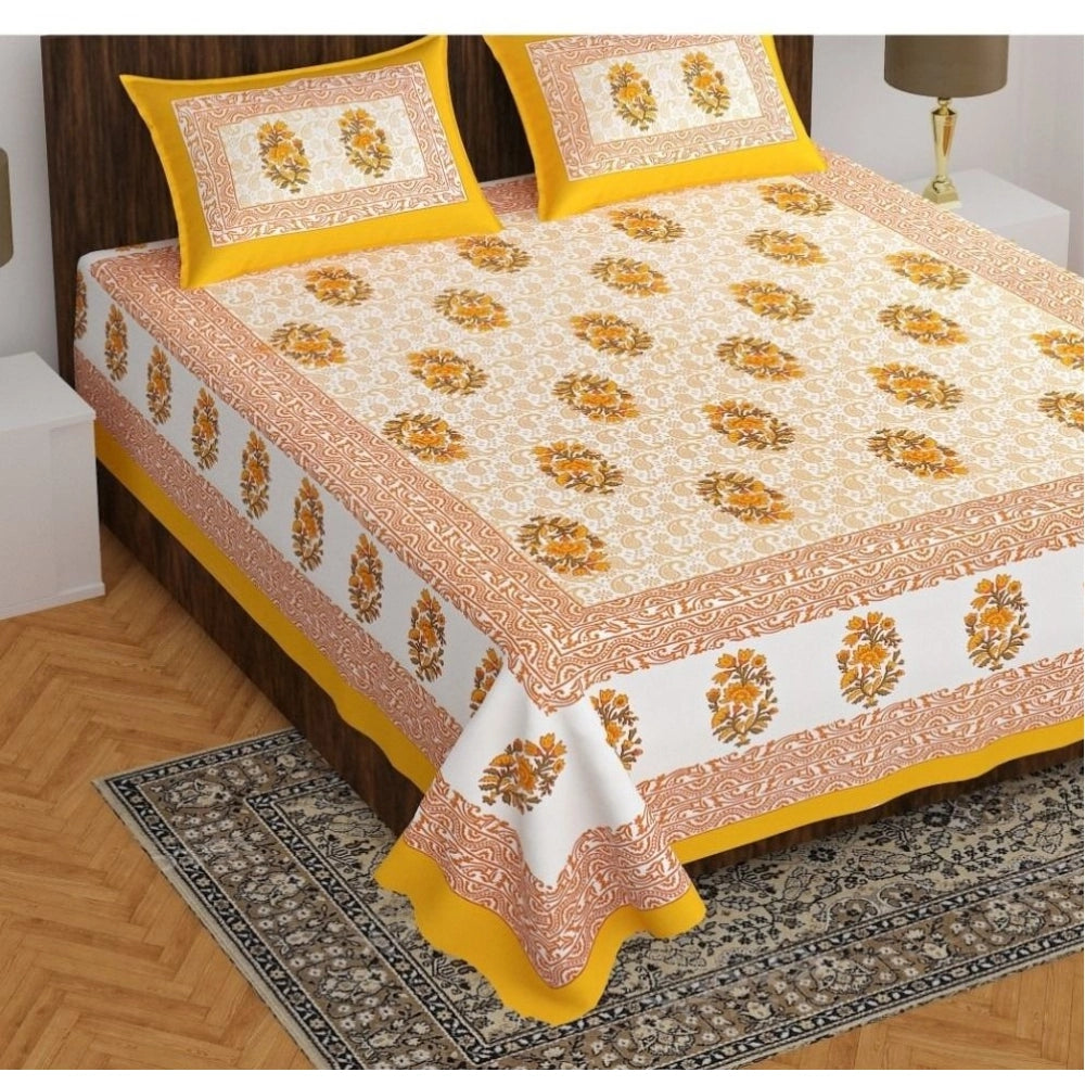 Generic Cotton Printed Queen Size Bedsheet With 2 Pillow Covers (Yellow, 90x100 Inch) Main image