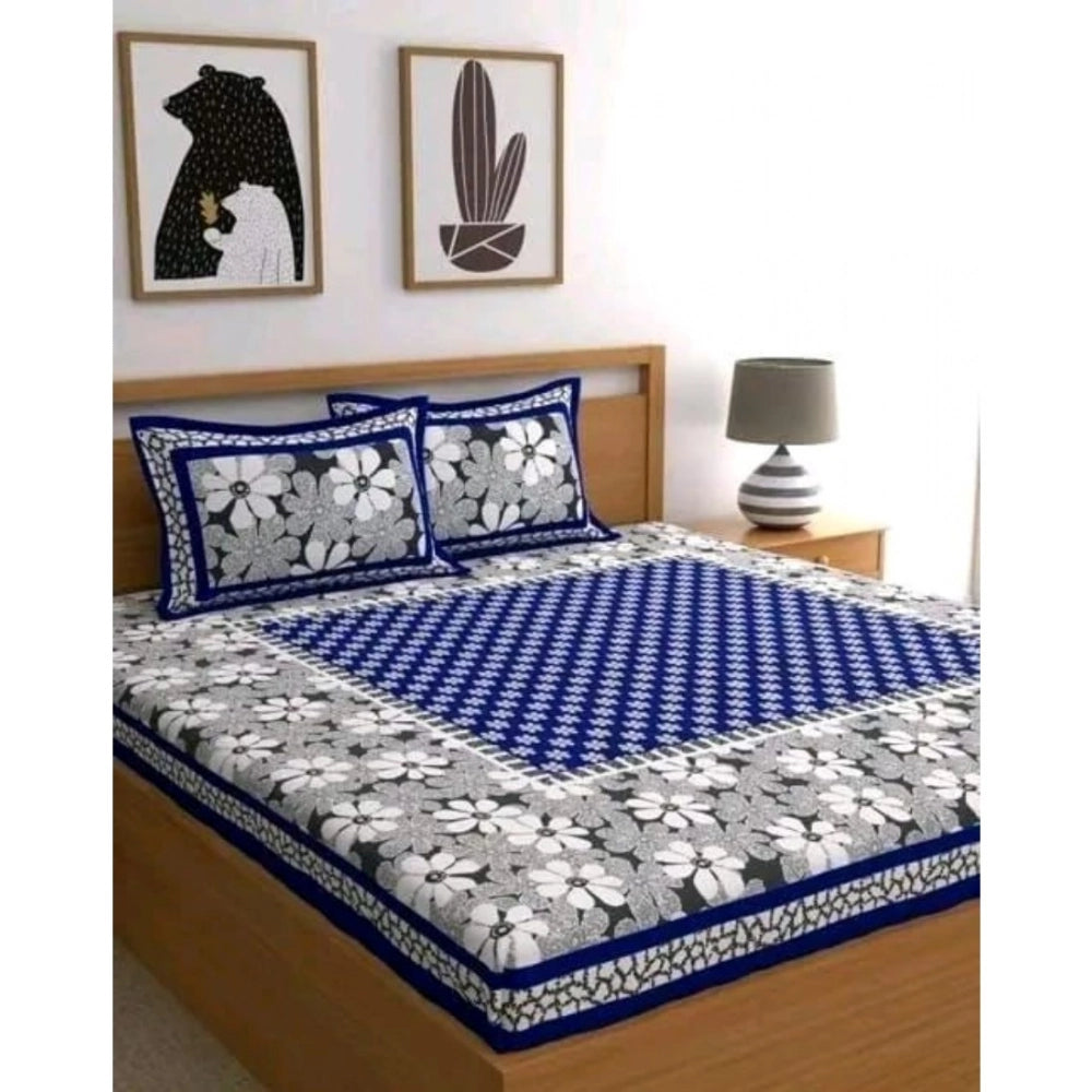 Generic Cotton Printed Queen Size Bedsheet With 2 Pillow Covers (Blue, 90x100 Inch)