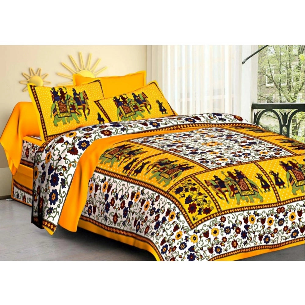 Generic Cotton Printed Queen Size Bedsheet With 2 Pillow Covers (Yellow, 90x100 Inch) Main image