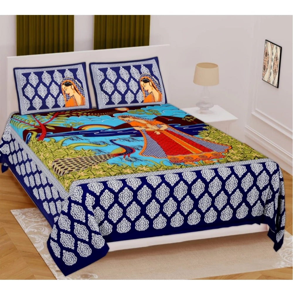 Generic Cotton Printed Queen Size Bedsheet With 2 Pillow Covers (Blue, 90x100 Inch) Main image