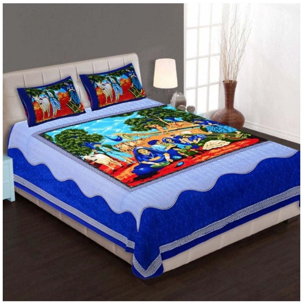 Generic Cotton Printed Queen Size Bedsheet With 2 Pillow Covers (Blue, 90x100 Inch) Main image