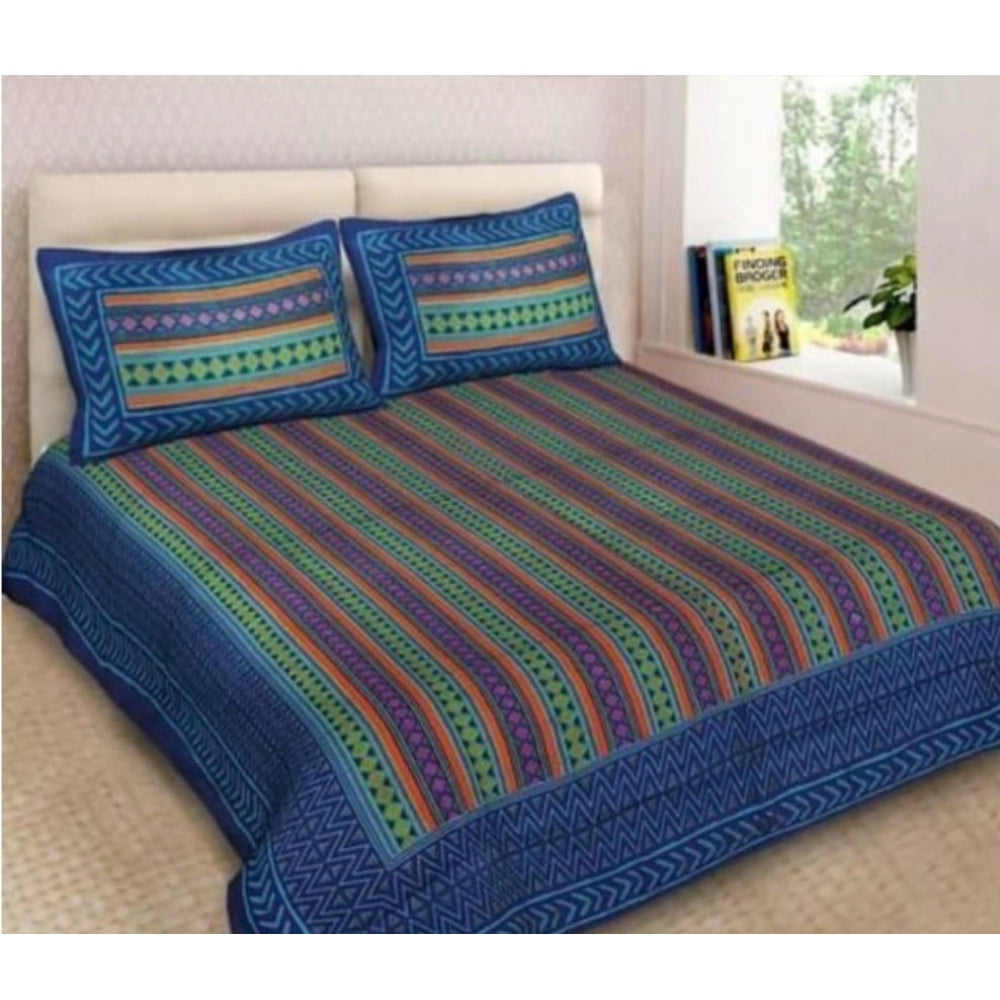 Generic Cotton Printed Queen Size Bedsheet With 2 Pillow Covers (Blue, 90x100 Inch) Main image