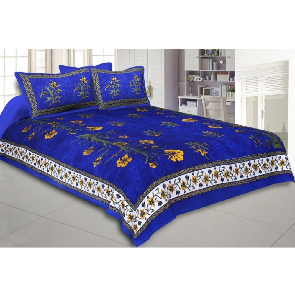 Generic Cotton Printed Queen Size Bedsheet With 2 Pillow Covers (Blue, 90x100 Inch) Main image