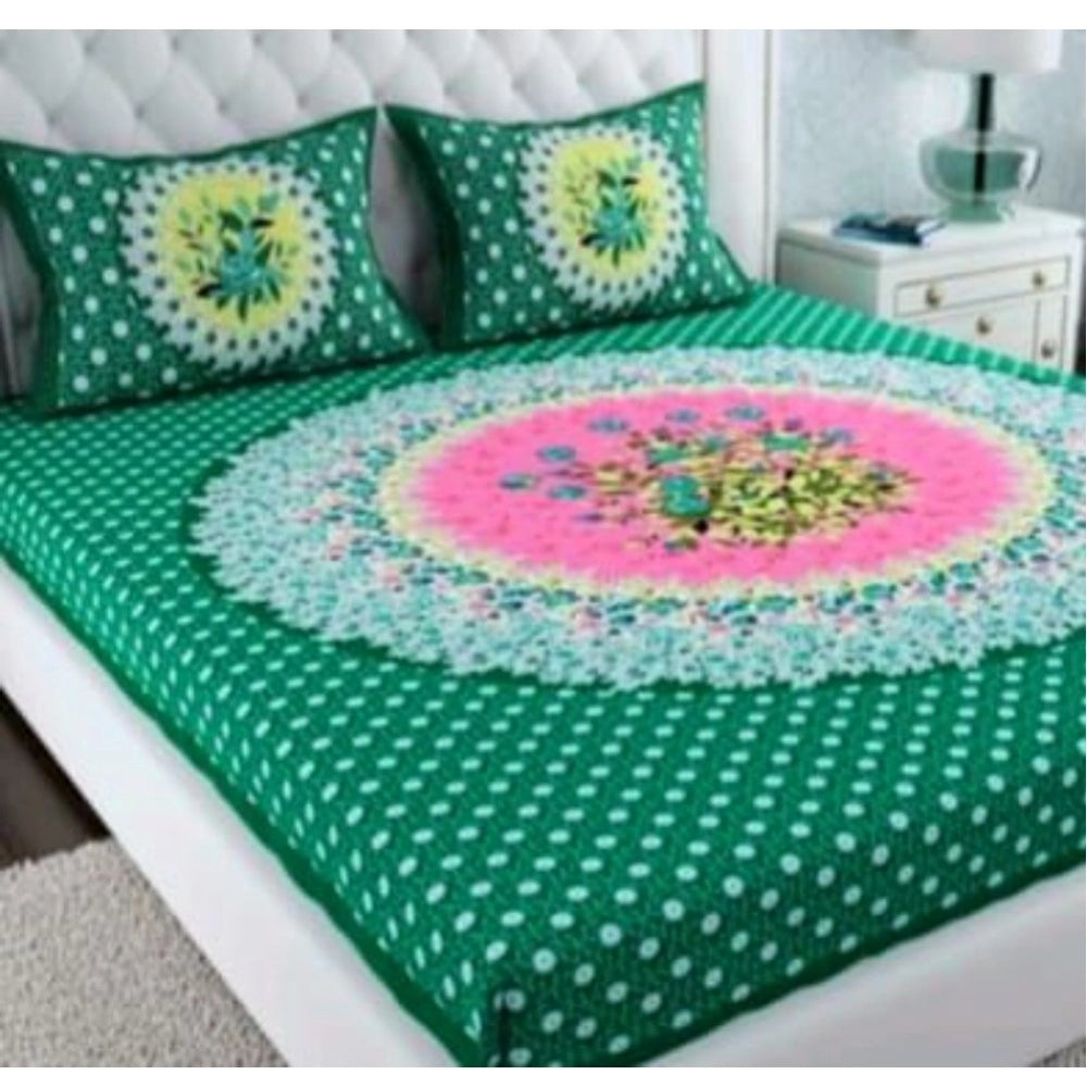 Generic Cotton Printed Queen Size Bedsheet With 2 Pillow Covers (Green, 90x100 Inch) Main image