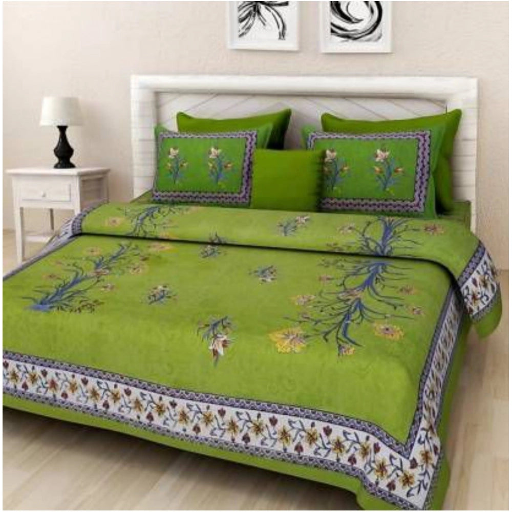 Generic Cotton Printed Queen Size Bedsheet With 2 Pillow Covers (Green, 90x100 Inch) Main image
