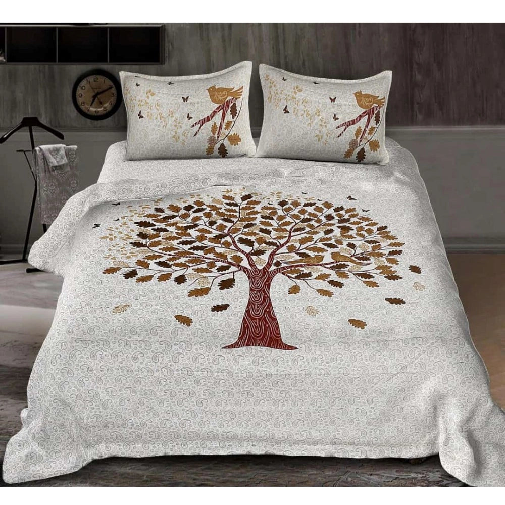 Generic Cotton Printed Queen Size Bedsheet With 2 Pillow Covers (White, 90x100 Inch) Main image