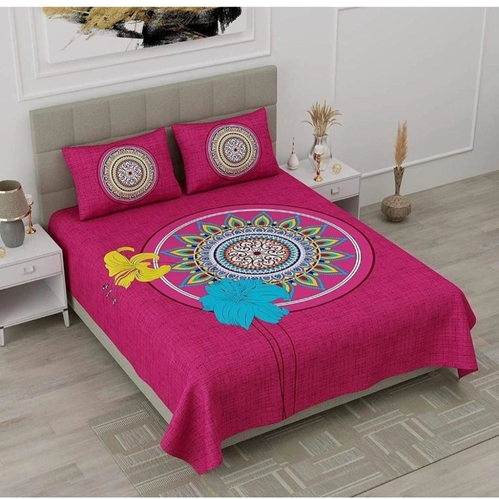 Generic Cotton Printed Queen Size Bedsheet With 2 Pillow Covers (Pink, 90x100 Inch) Main image