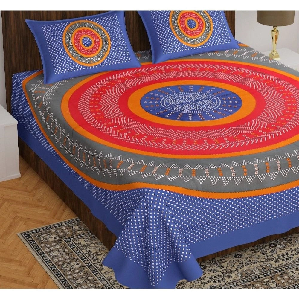 Generic Cotton Printed Queen Size Bedsheet With 2 Pillow Covers (Blue, 90x100 Inch) Main image