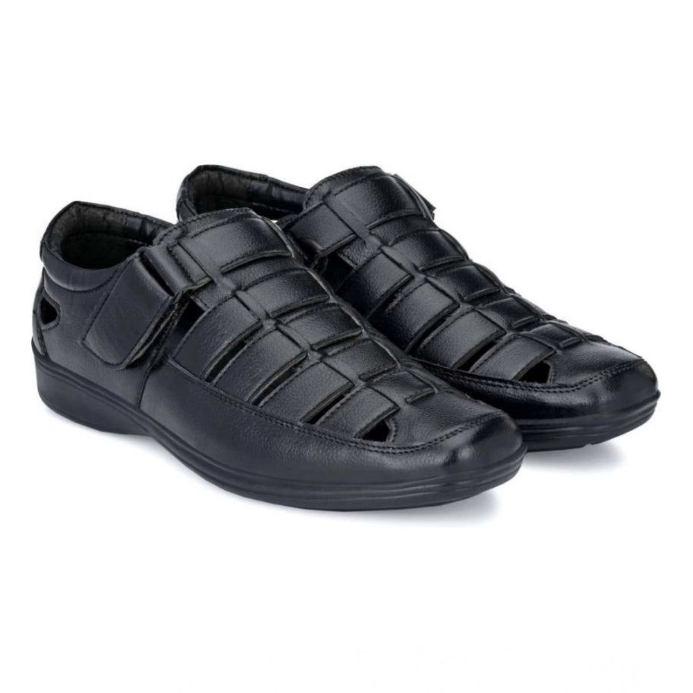 Generic Men's Casual Faux Leather Solid Velcro Sandal (Black) Main image