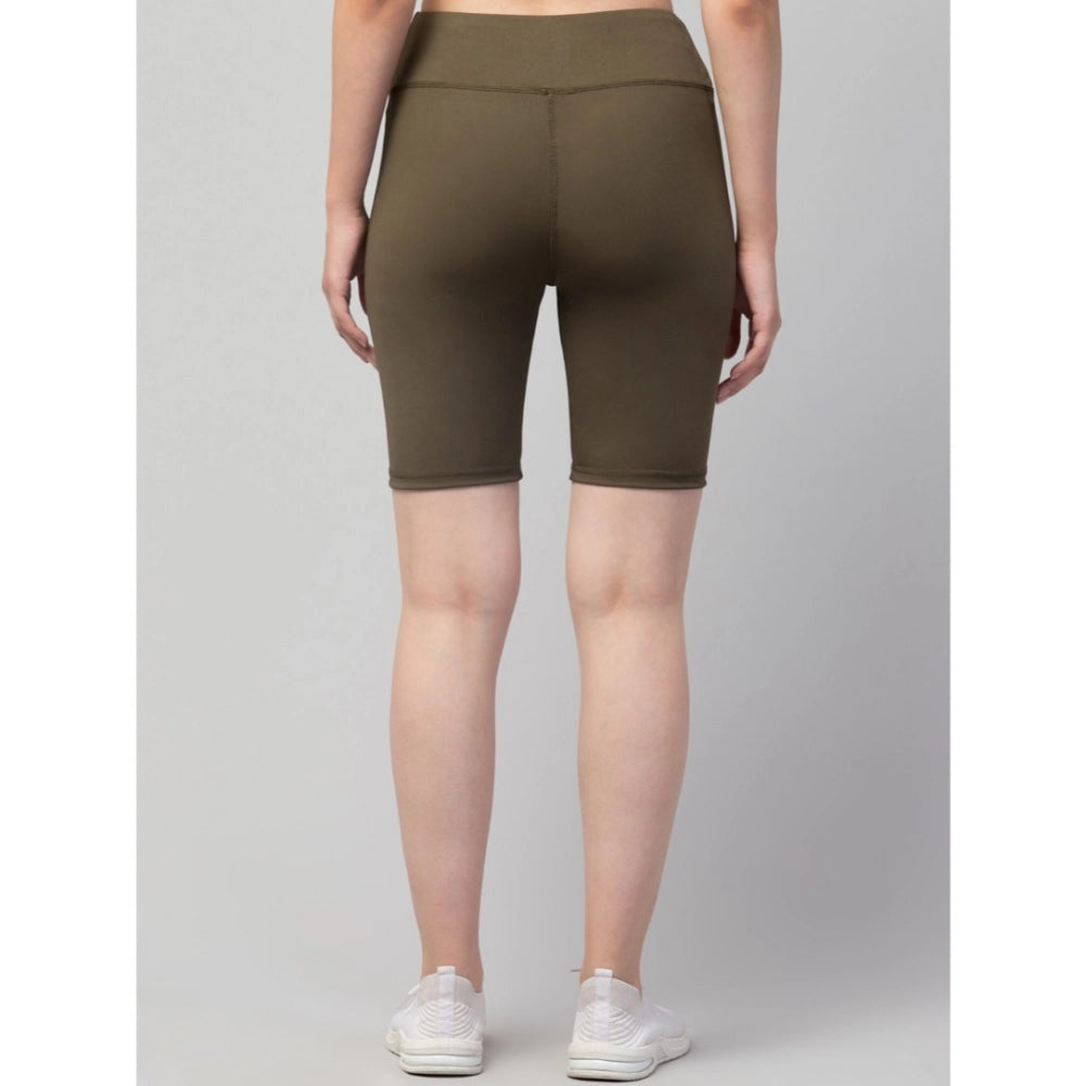 Generic Women's Polyester Solid Above Knee High-Rise Shorts (Olive) Secondary image