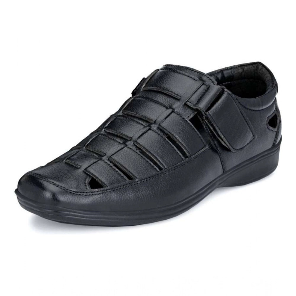 Generic Men's Casual Faux Leather Solid Velcro Sandal (Black)