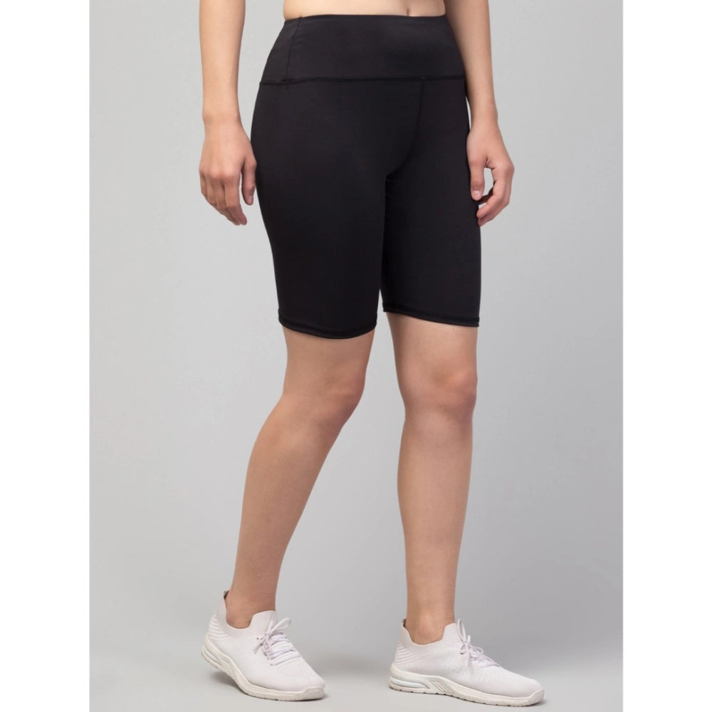 Generic Women's Polyester Solid Above Knee High-Rise Shorts (Black)