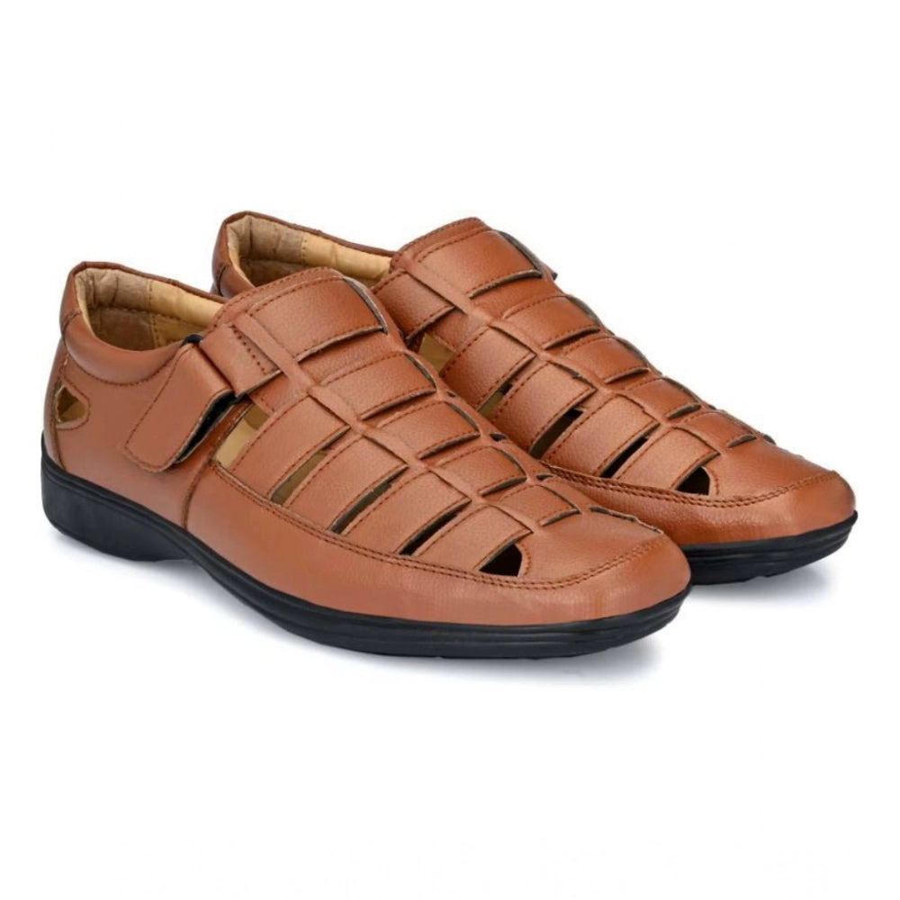 Generic Men's Casual Faux Leather Solid Velcro Sandal (Tan) Main image