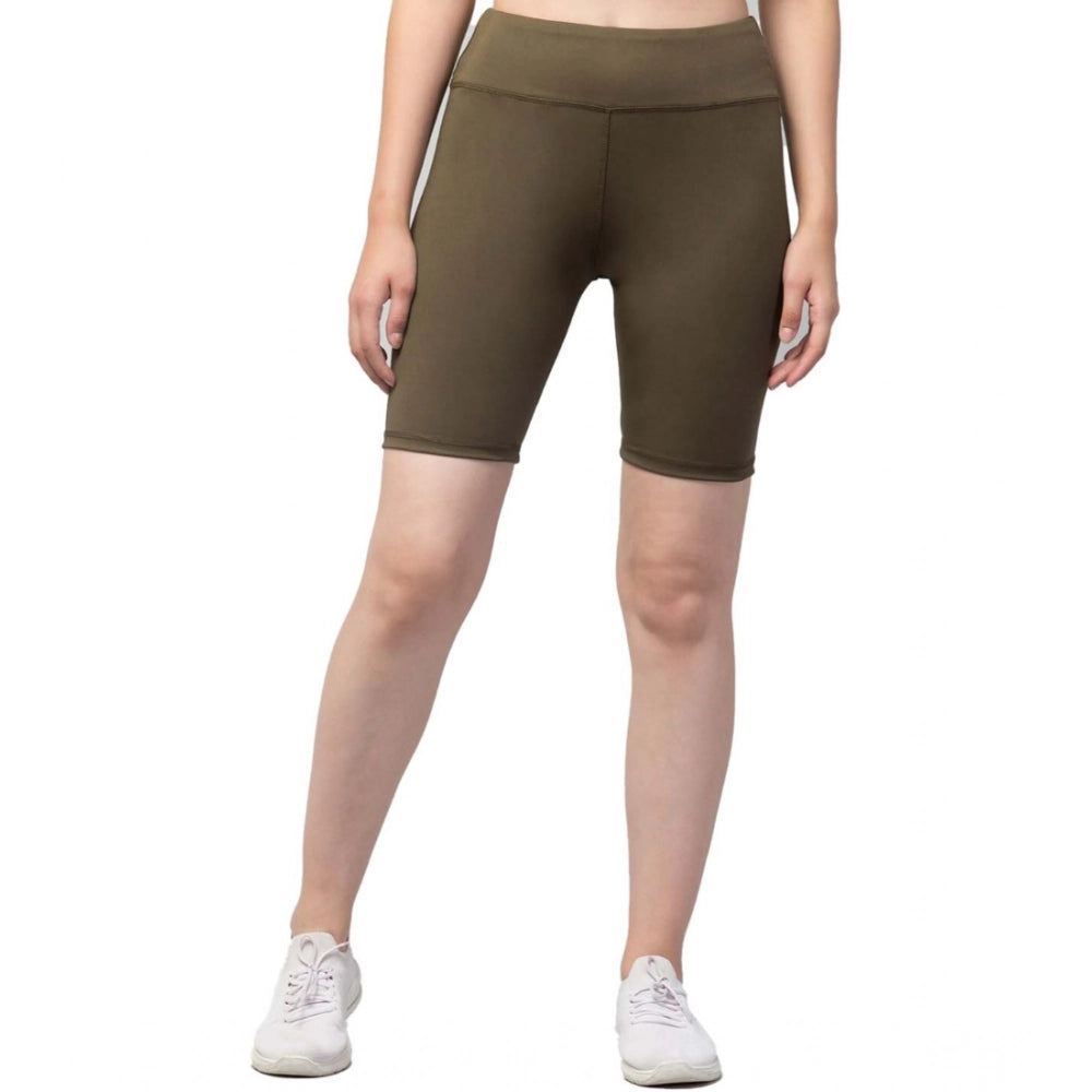 Generic Women's Polyester Solid Above Knee High-Rise Shorts (Olive) Main image