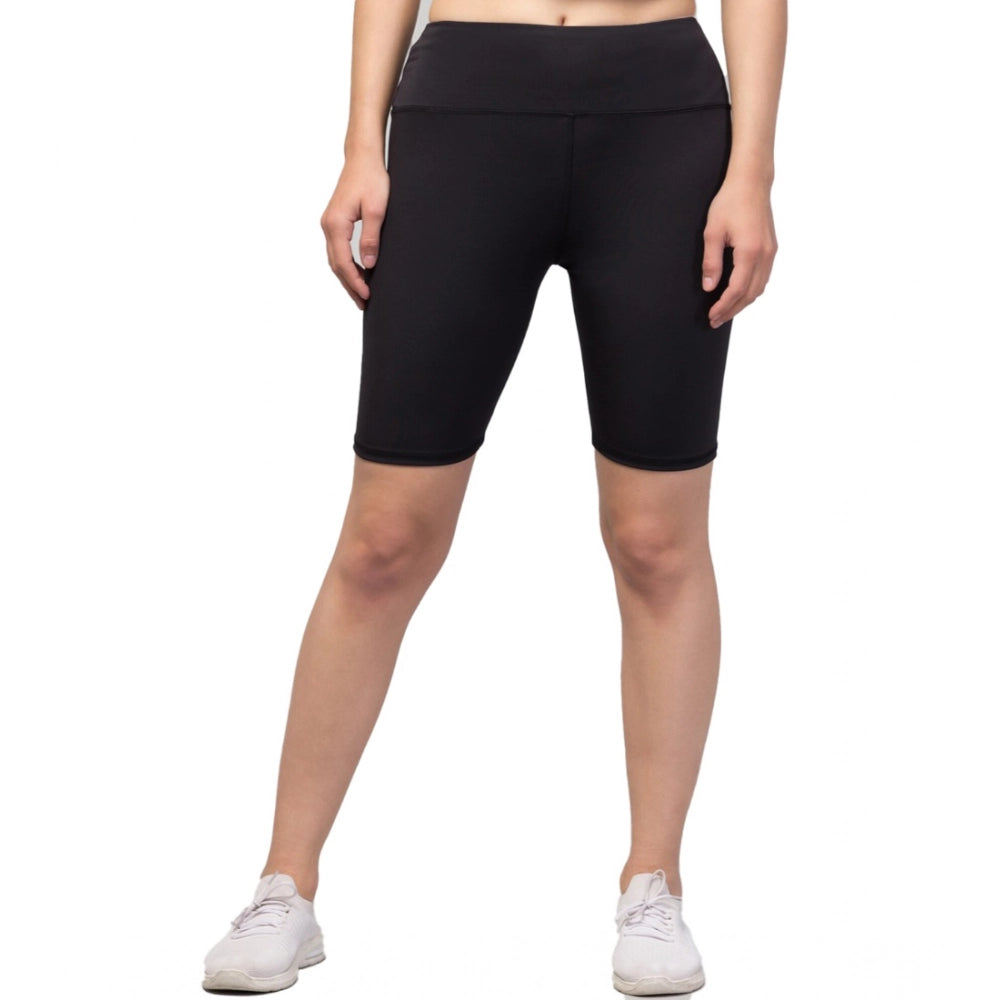 Generic Women's Polyester Solid Above Knee High-Rise Shorts (Black) Main image