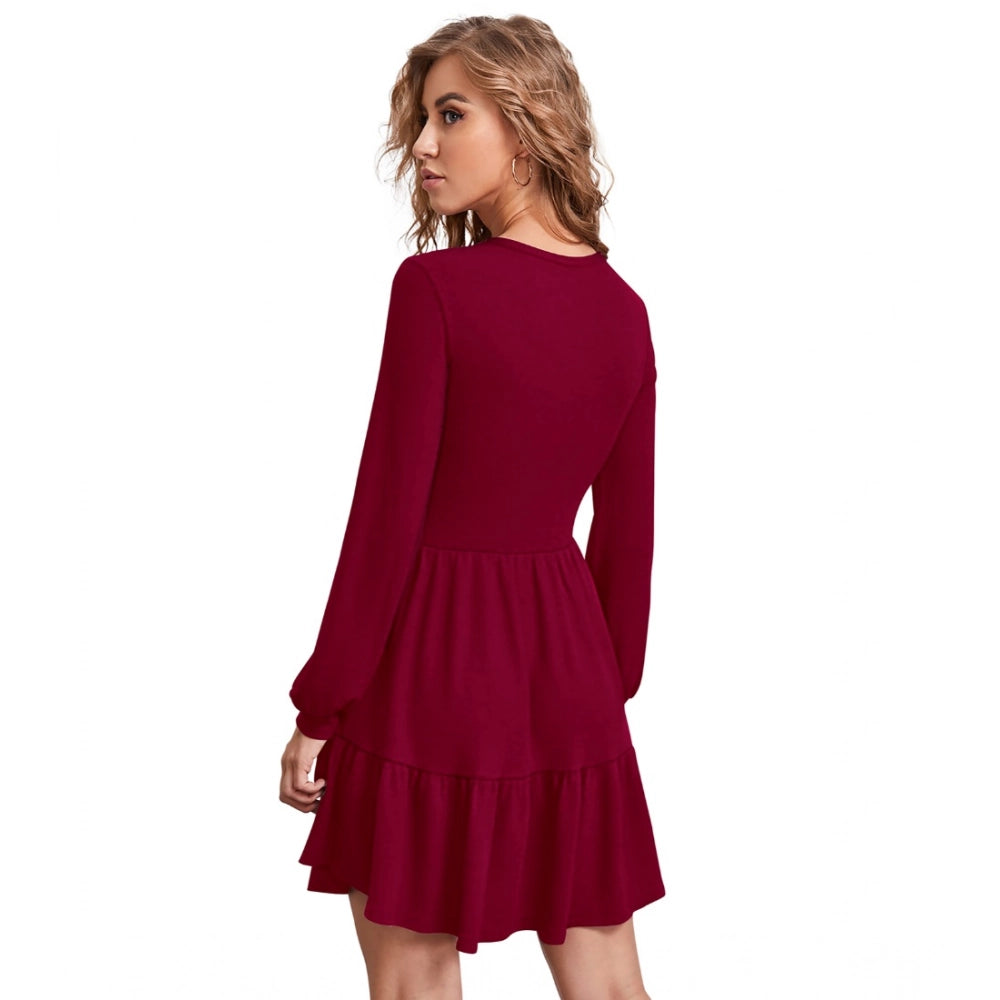 Generic Women's Knitting stretchable Solid Round Neck Full Sleeve Dress (Maroon) Secondary image