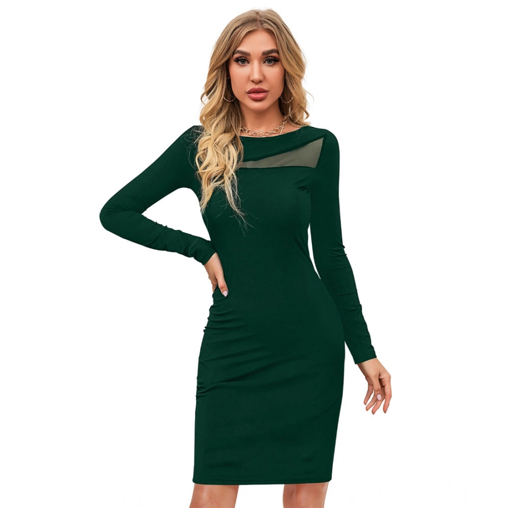 Generic Women's Knitting stretchable Solid Round Neck Full Sleeve Dress (Green ) Main image