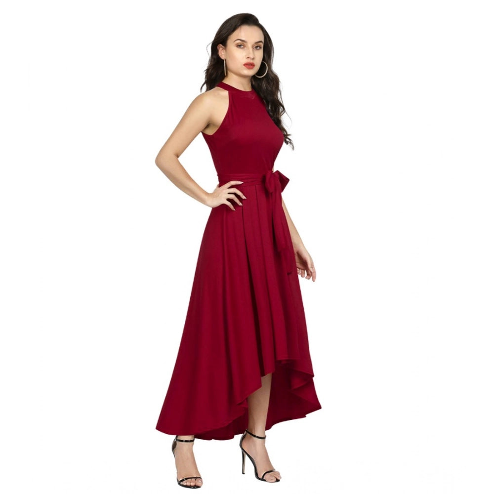 Generic Women's Polyster Solid Halter Neck Sleeveless Dress (Maroon) Secondary image