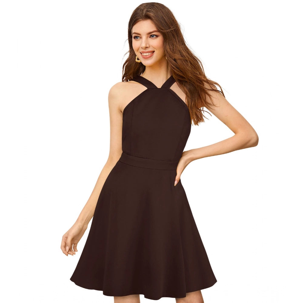 Generic Women's Knitting stretchable Solid Halter Neck Sleeveless Dress (Coffee) Main image