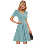Generic Women's Knitting stretchable Solid V Neck Cap Sleeve Dress (Pista)