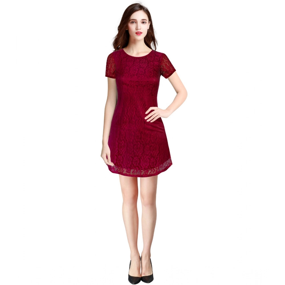 Generic Women's Rasal Solid Round Neck Cap Sleeve Dress (Maroon) Main image