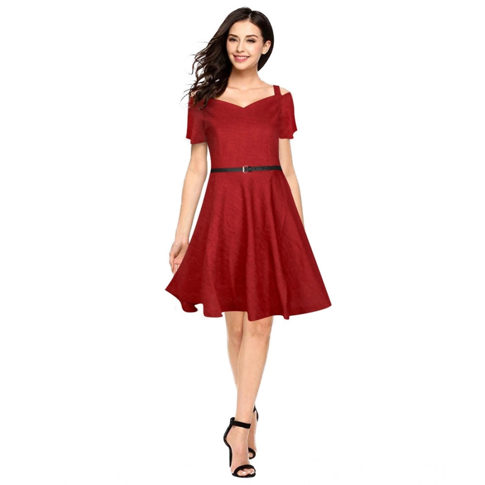 Generic Women's Polyester Solid V Neck Cap Sleeve Dress (Maroon) Main image