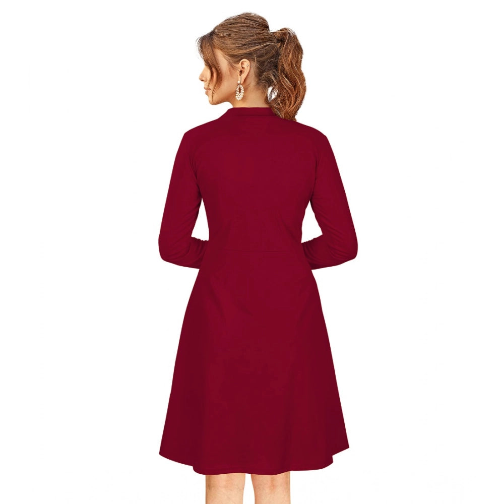 Generic Women's Knitting stretchable Solid Round Neck Full Sleeve Dress (Maroon) Secondary image