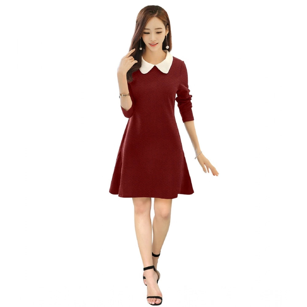 Generic Women's Polyester Solid Collar 3-4th Dress (Maroon) Main image
