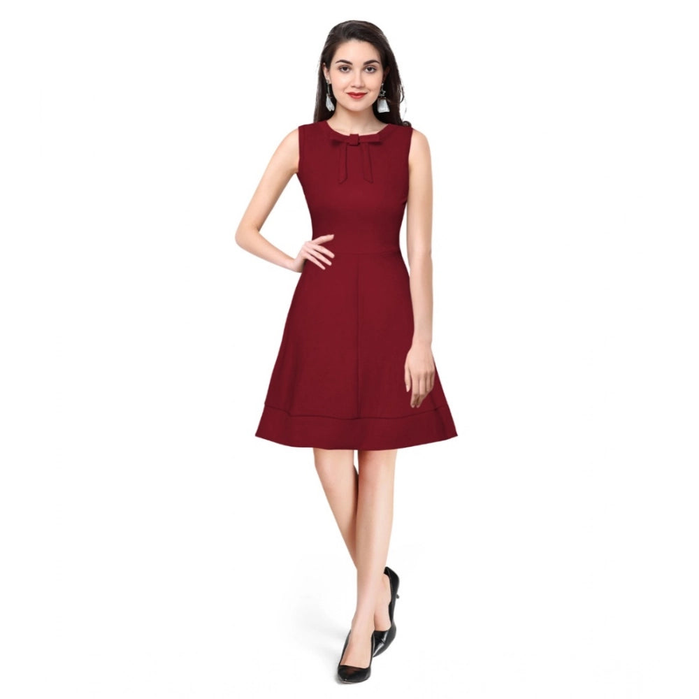 Generic Women's Polyester Solid Round Neck Sleeveless Dress (Maroon)