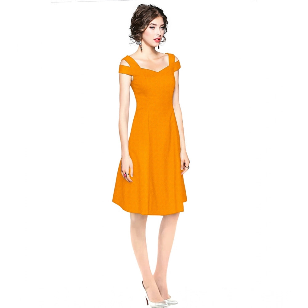 Generic Women's Polyester Solid V Neck Cap Sleeve off Shoulder Dress (Yellow)